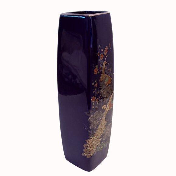 Japanese Peacock Vase Cobalt Blue VTG Tall Square Cylinder Floral Kutani Style - Picture 3 of 16